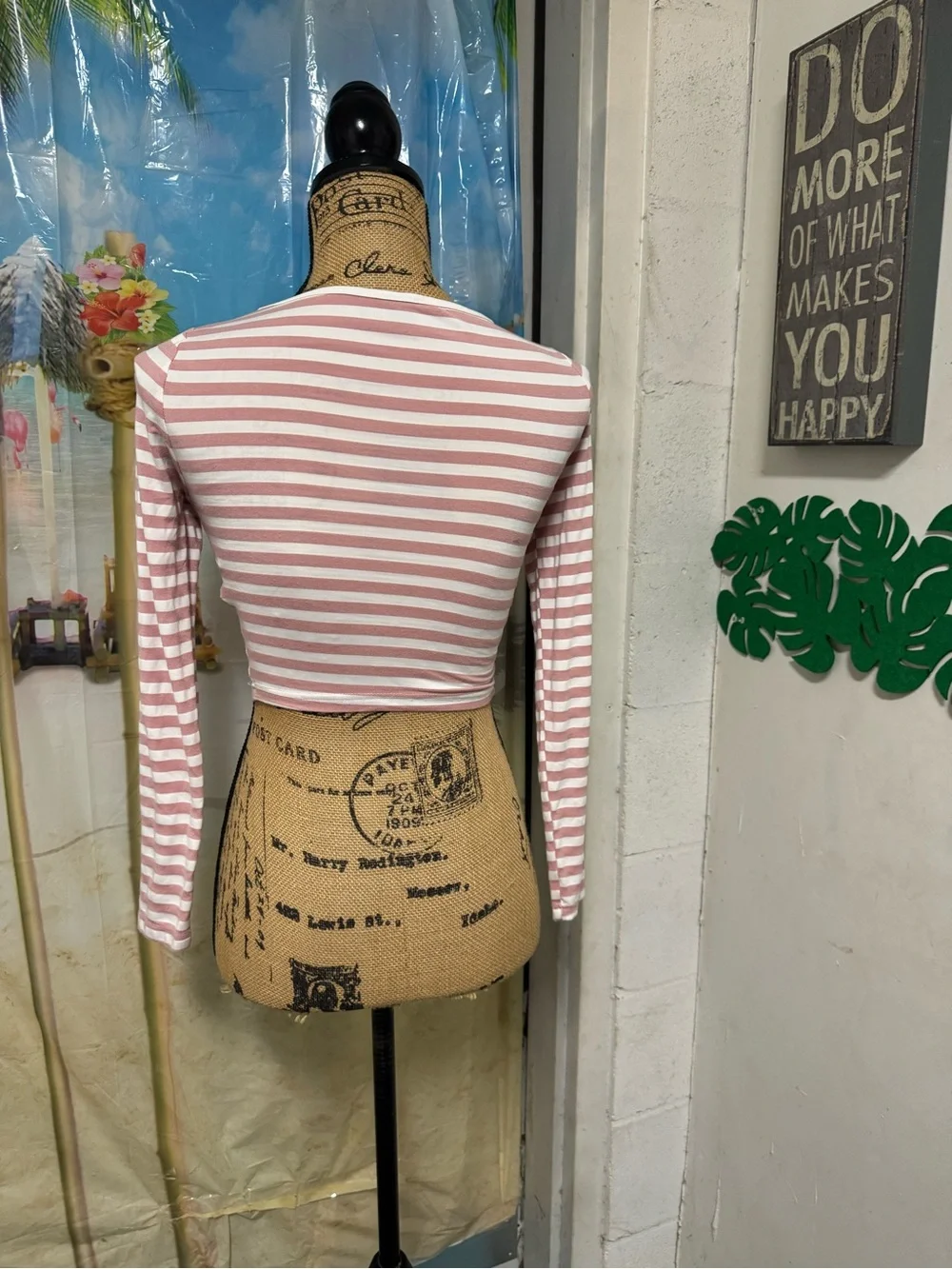 SHEIN Pink & White Striped V-Neck Long Sleeve Crop Top